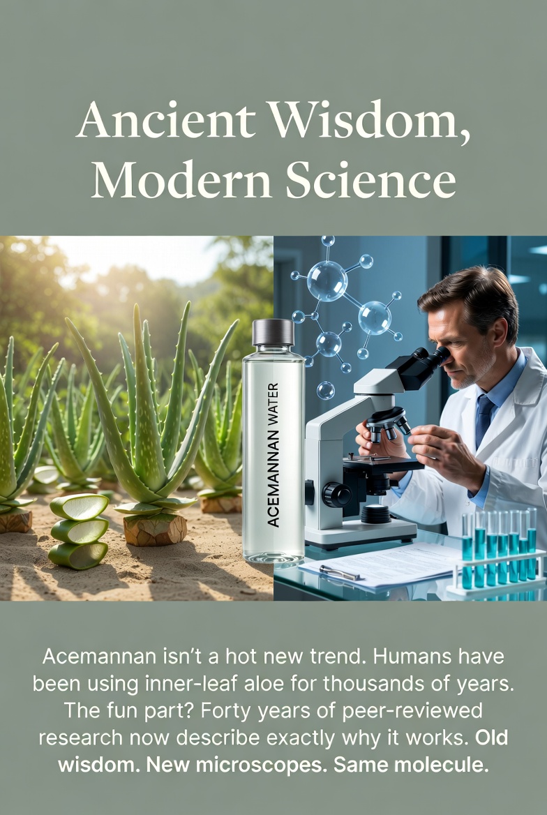 Ancient Wisdom, Modern Science graphic. Left panel shows fresh aloe vera plants growing outdoors next to a bottle labeled Acemannan Water. Right panel shows a scientist examining molecular structures under a microscope with test tubes. Caption: Acemannan isn't a hot new trend, humans have been using inner-leaf aloe for thousands of years, forty years of peer-reviewed research now describe exactly why it works, old wisdom, new microscopes, same molecule.