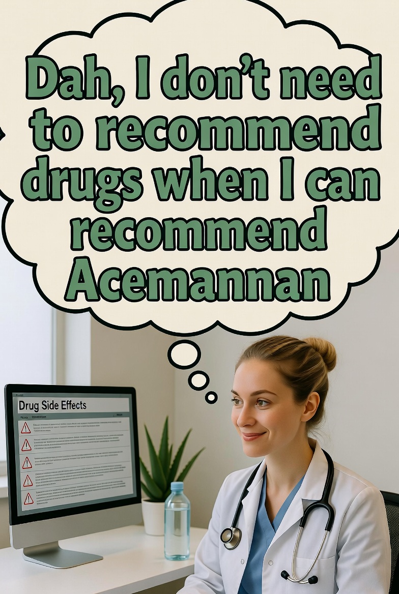 A doctor smiling with a thought bubble reading: Dah, I don't need to recommend drugs when I can recommend Acemannan, with a computer screen showing drug side effects in the background.