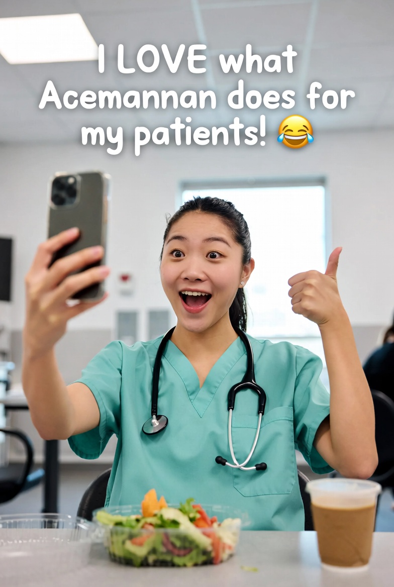 An excited nurse in scrubs giving a thumbs up while holding her phone, with caption: I LOVE what Acemannan does for my patients!
