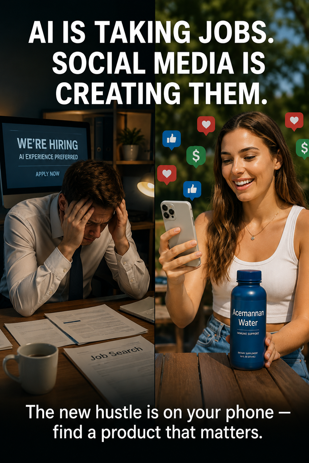 A split comparison image: on the left, workers anxiously displaced by AI robots in an office; on the right, a smiling woman on a beach holding an Acemannan water bottle making sales on her phone. Caption: AI is taking jobs, social media is creating them. The new hustle is on your phone, find a product that matters.
