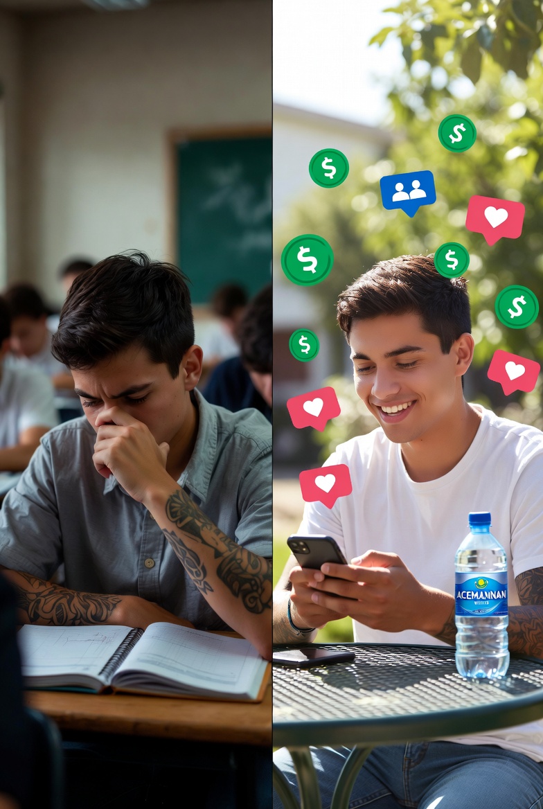 Before and after split image: left panel shows a stressed young man in a classroom looking at a notebook; right panel shows the same young man smiling outdoors holding his phone with dollar and heart icons floating around him and an Acemannan water bottle on the table.