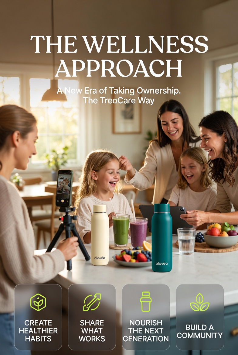 The Wellness Approach — A New Era of Taking Ownership, The TreoCare Way. A mom filming content on a tripod while two women and children enjoy smoothies and Alovea bottles at a kitchen counter.