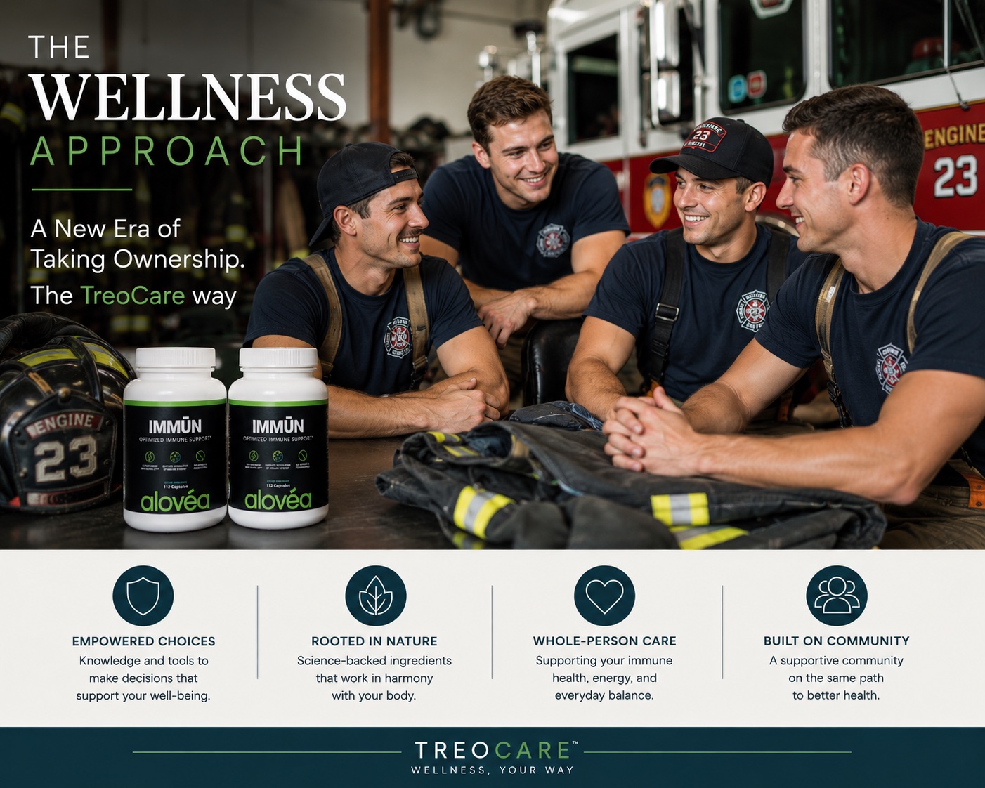 Four firefighters smiling together at a fire station with Alovea Immun capsule bottles — The Wellness Approach, A New Era of Taking Ownership, The TreoCare Way.